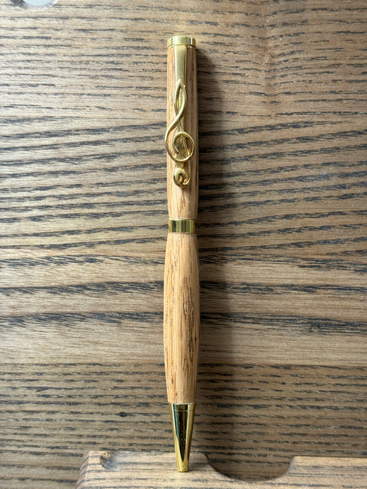 Handmade oak pen with music note clip