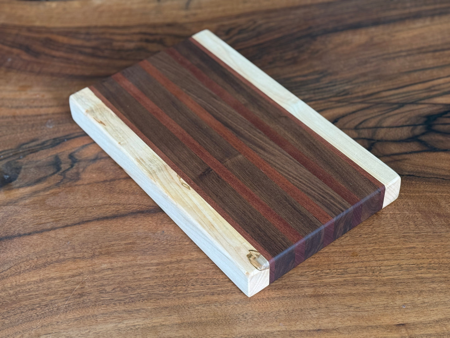 handmade maple, sapele and black walnut wood cutting board