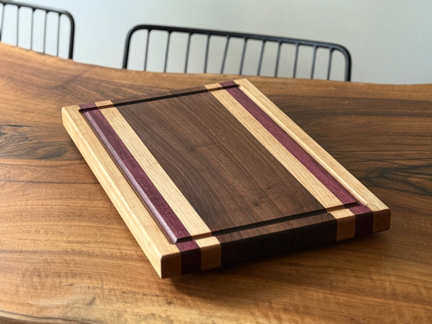 Premium collection handmade maple, purple heart & black walnut wood cutting board