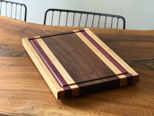 Premium collection handmade maple, purple heart & black walnut wood cutting board